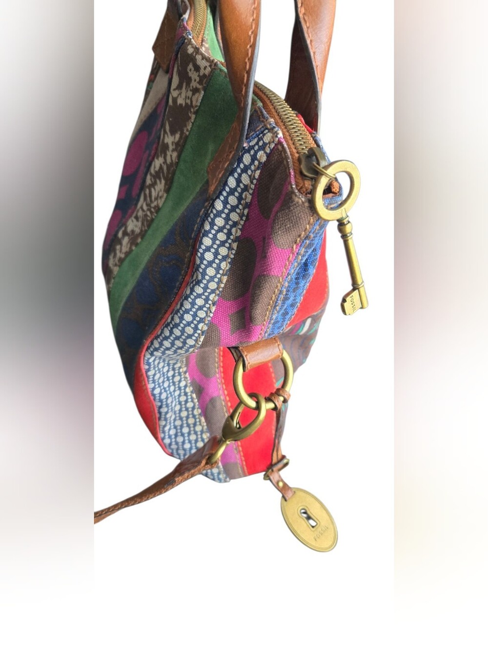 Fossil Patchwork Tote Crossbody Bag Multicolor Suede Canvas Leather Key Charm - Picture 14 of 16
